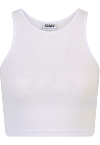 Bílé žebrované croptop s kulatým výstřihem a širokými ramínky, vyrobený z elastického materiálu pro přiléhavý vzhled. Viditelný štítek značky.