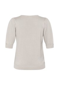 Lichtgrijze pullover met korte pofmouwen, textuur met ribstructuur en een ronde halslijn. Zacht materiaal met een subtiele glans.