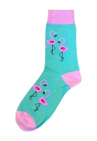 Türkise Socken mit rosa Flamingo-Muster, schwarzen Akzenten und rosa Bündchen. Aus Stoff mit glatter Textur hergestellt. Design in mittellanger Wadenlänge.