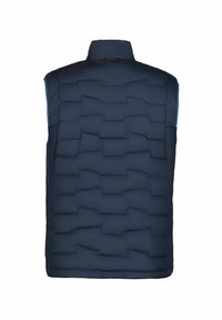 Gilet imbottito blu navy con colletto alto, caratterizzato da un motivo trapuntato a strati testurizzato. Finitura liscia, design leggero e senza maniche.