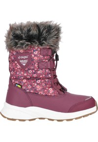 Paarse sneeuwlaars met bloemenpatroon, nep-bont kraag, vetersysteem, rubberen zool en gestructureerde stof voor warmte en grip.