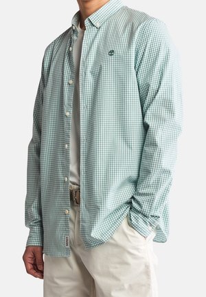 Uomo con camicia a quadri verde chiaro e bianca abbottonata sopra una t-shirt bianca e pantaloni beige con cintura, mani rilassate lungo i fianchi.