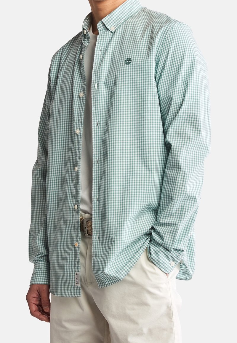 Homme portant une chemise à carreaux vert clair et blanc boutonnée sur un t-shirt blanc et un pantalon beige avec ceinture, mains détendues le long du corps.