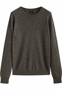Pull en laine gris foncé à manches longues avec encolure ronde, poignets et ourlet côtelés, posé à plat sur un fond blanc.