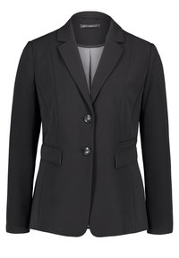 Veste tailleur noire pour femme avec deux boutons, col cranté et poches à rabat, étiquetée Betty Barclay.