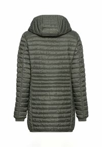 Padded jacket in olive green, featuring a hood, quilted design, ribbed cuffs, and a straight cut for a relaxed fit.