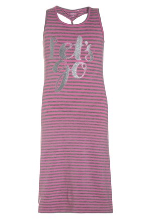 Mouwloze jurk met roze en grijze strepen, racerback, en zilveren glittertekst "let's go" aan de voorkant.