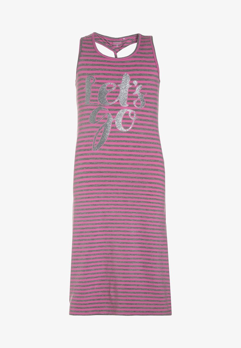 Robe sans manches rayée rose et grise avec dos nageur et texte pailleté argent "let's go" sur le devant.