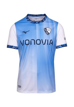 Blauw-wit VfL Bochum voetbalshirt met verticale strepen, sponsorlogo Vonovia en een patroon aan kraag en mouwzomen.