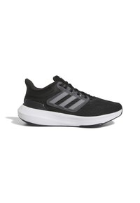 Scarpe da ginnastica nere con una tomaia in maglia testurizzata, tre strisce grigie e una suola intermedia bianca. Presentano un collo imbottito e una chiusura con lacci.