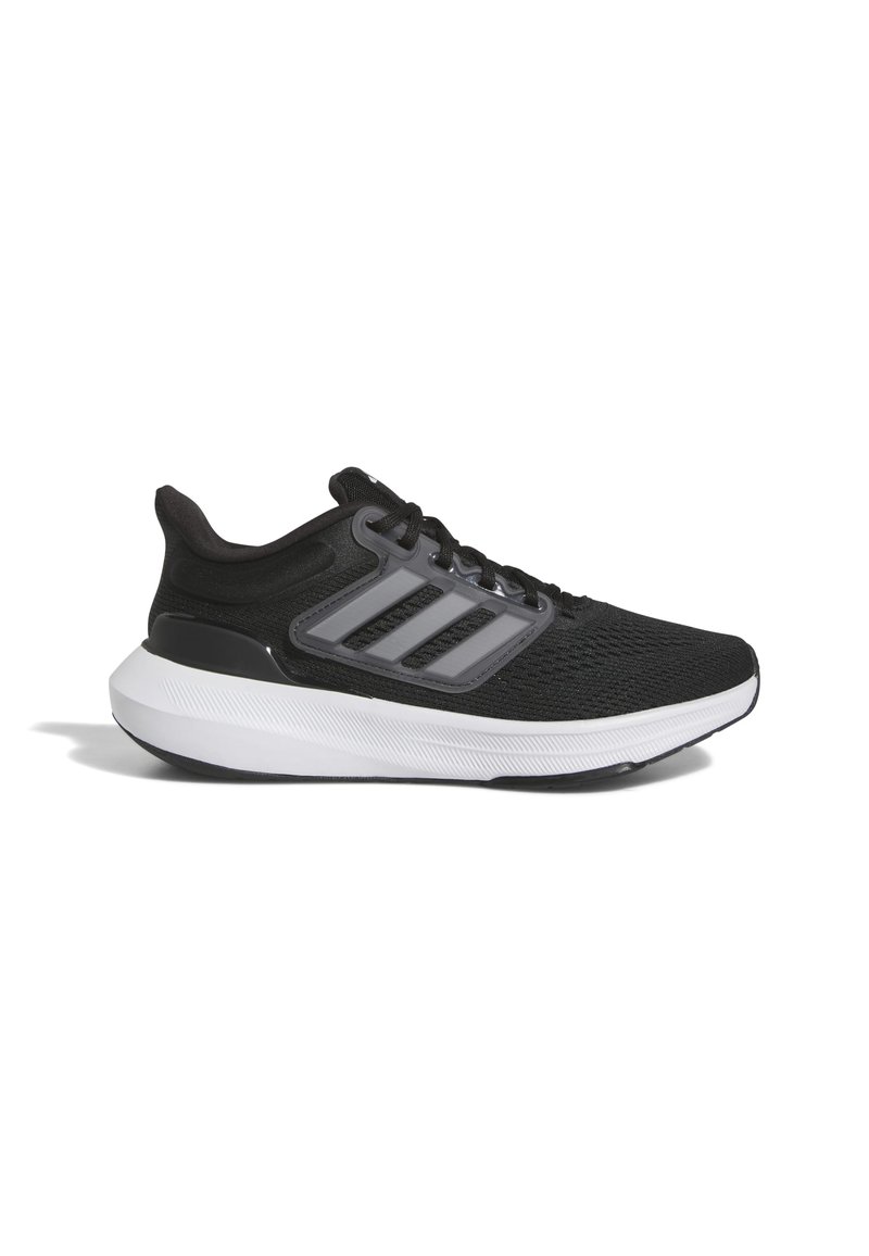 Scarpe da ginnastica nere con una tomaia in maglia testurizzata, tre strisce grigie e una suola intermedia bianca. Presentano un collo imbottito e una chiusura con lacci.