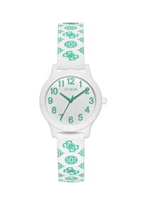 Vit silikonarmband med gröna accenter. Rund urtavla som visar stora siffror (1-12) och märket "GUESS." Mönstrad rem med upprepade gröna logotyper.