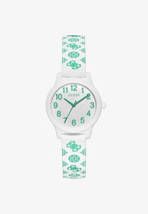 Vit silikonarmband med gröna accenter. Rund urtavla som visar stora siffror (1-12) och märket "GUESS." Mönstrad rem med upprepade gröna logotyper.