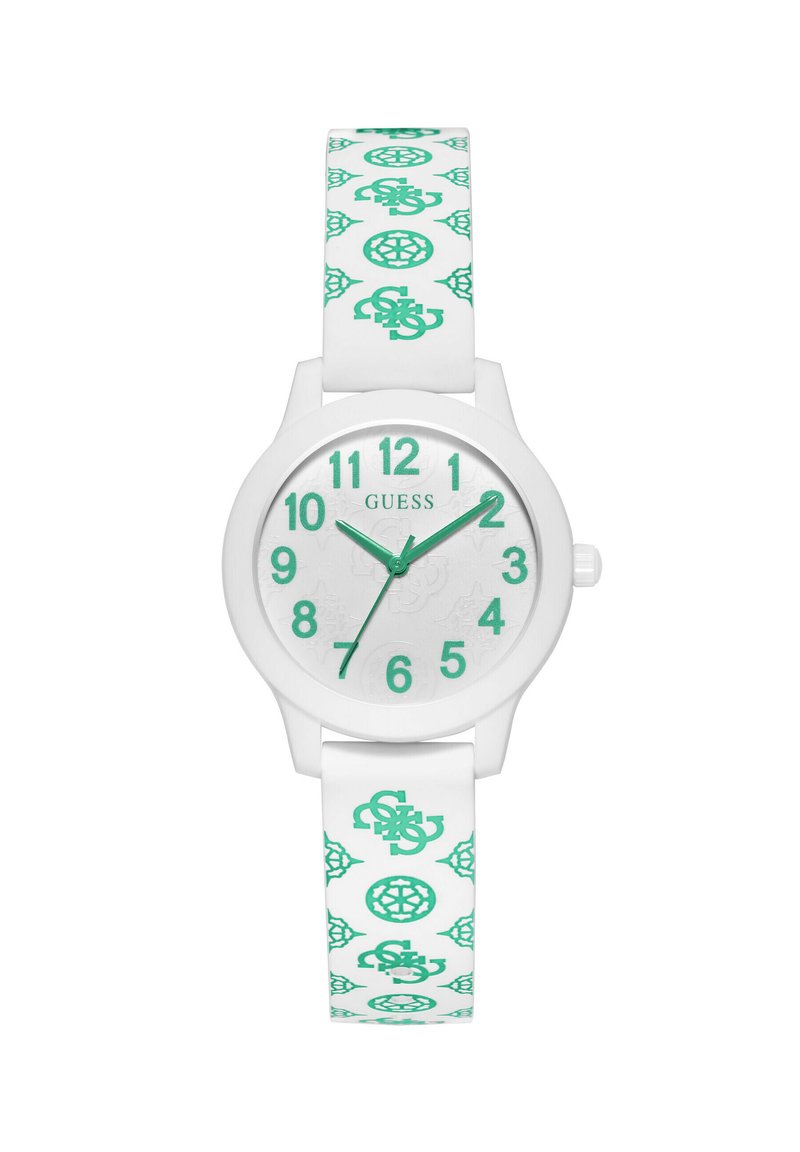 Vit silikonarmband med gröna accenter. Rund urtavla som visar stora siffror (1-12) och märket "GUESS." Mönstrad rem med upprepade gröna logotyper.