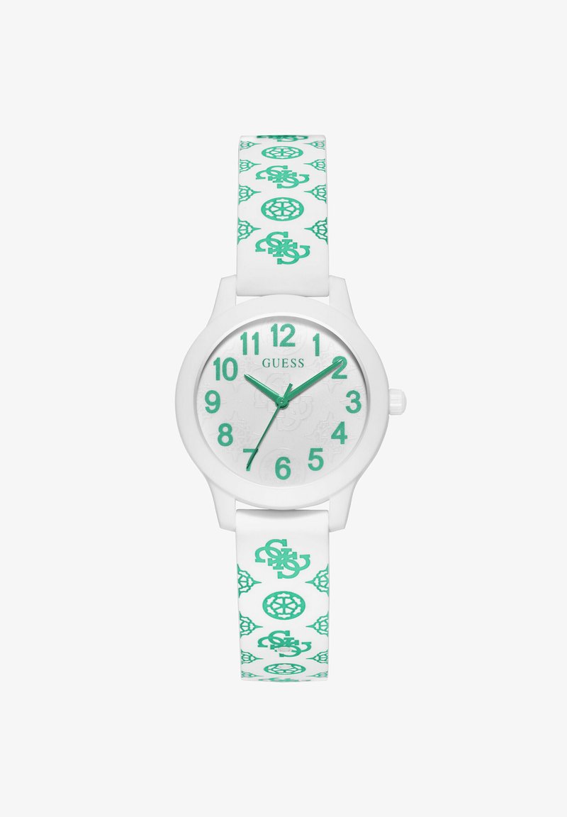 Orologio in silicone bianco con accenti verdi. Cassa rotonda che mostra numeri grandi (1-12) e il marchio "GUESS". Cinturino decorato con loghi verdi ripetuti.