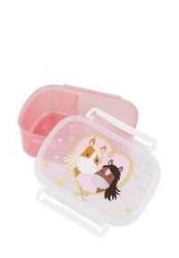 Rosa, geteilte Brotdose mit weißen Riegeln, auf dem transparenten Deckel zwei cartoonartige Pferde in einem Herzen.