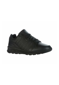 Sneaker sportive nere in pelle sintetica, con una parte superiore testurizzata, design con lacci e suola in gomma con un logo sul lato.