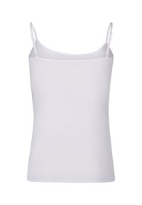White sleeveless camisole top with thin shoulder straps and a fitted design. Made from a smooth, stretchy fabric. No patterns or accents.