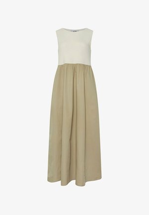 Sukienka bez rękawów z beżowym dolnym odcinkiem i kremową górą. Posiada zgromadzony pas, co dodaje objętości, wykonana z lekkiego materiału.