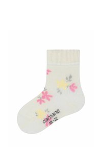 Calzino in cotone per bambini con una base bianca, caratterizzato da un motivo floreale in tonalità di rosa e giallo, e un polsino a coste. Taglia 18-24.