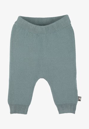 Knitted trousers in a soft blue-green hue, featuring a ribbed waistband and cuffs, with an elasticated design and a small logo tag.