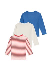 Drie langarmshirts: één effen blauw, één effen wit en één wit met rode strepen. Zacht materiaal, ronde halsontwerp, verschillende kleuren.