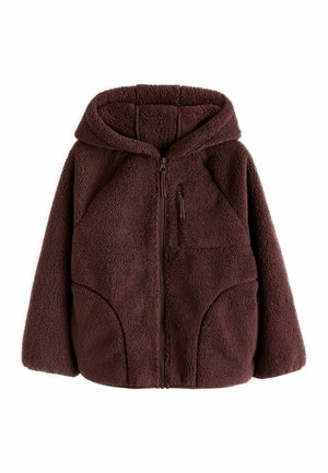 Dark brown fleece jacket with hood, full zipper front, zippered chest pocket, and two side pockets, made of soft textured fabric.