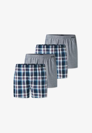 Fire par boxer-shorts til mænd: to har et blåt og hvidt ternet mønster, og to er ensfarvede grå med elastiske taljebånd.