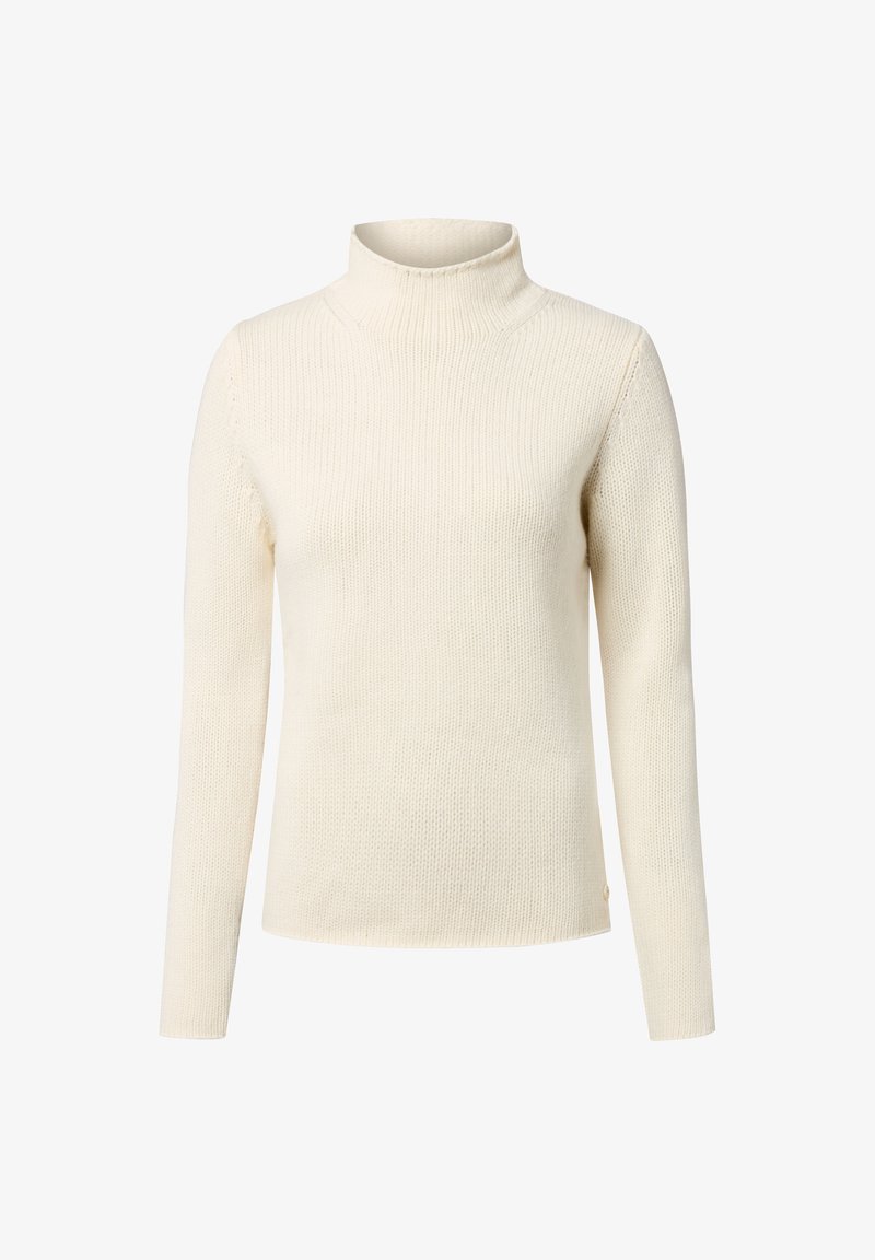 Cremfarbener, langärmeliger Rollkragenpullover aus strukturiertem Strick. Hat ein tailliertes Design und einen leichten seitlichen Schlitz am Saum.