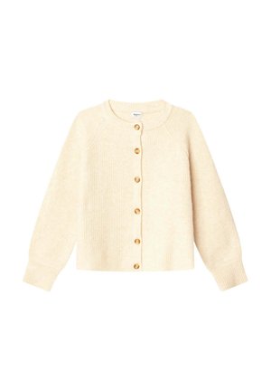 Cremefarbener Strickcardigan mit langen Ärmeln und sechs Holzknöpfen vorne, mit rundem Ausschnitt.