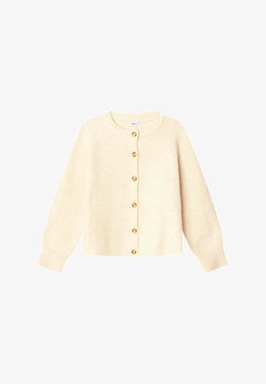 Cremefarbener Strickcardigan mit langen Ärmeln und sechs Holzknöpfen vorne, mit rundem Ausschnitt.