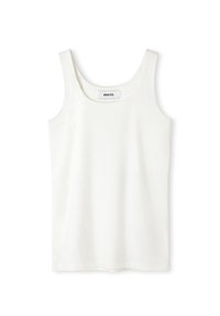 Witte mouwloze tanktop gemaakt van gladde stof; heeft een ronde halslijn en een rechte zoom. Etiket zichtbaar binnenin de halslijn.
