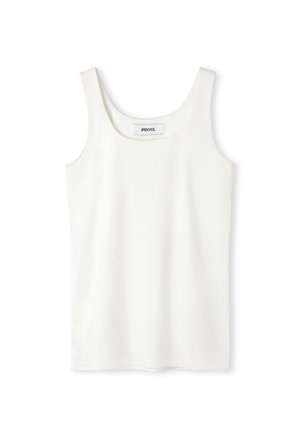 White sleeveless tank top made of smooth fabric; features a rounded neckline and straight hemline. Label visible inside the neckline.