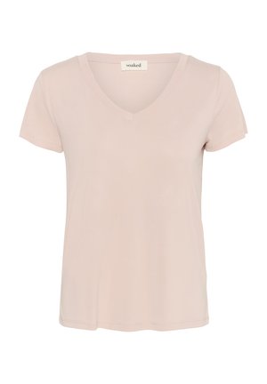 T-shirt rose clair à manches courtes et col en V, fabriqué en tissu doux. Doté d'une coupe décontractée et d'un ourlet simple cousu. Étiquette visible au niveau du col.