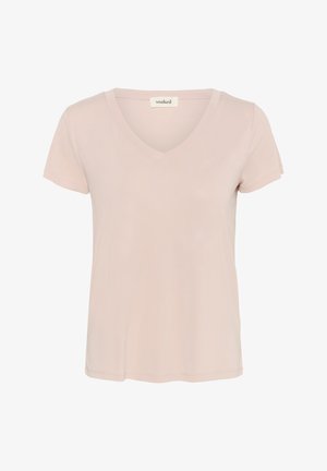 T-shirt rose clair à manches courtes et col en V, fabriqué en tissu doux. Doté d'une coupe décontractée et d'un ourlet simple cousu. Étiquette visible au niveau du col.
