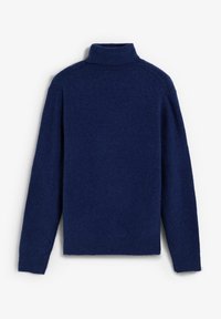 Maglione dolcevita blu navy realizzato in tessuto morbido e strutturato. Presenta maniche lunghe e un collo aderente, con un design semplice e classico.