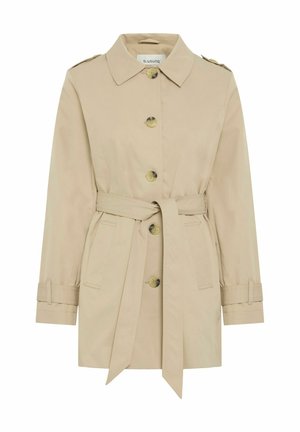 Beige Trenchcoat mit strukturiertem Kragen, goldenen Knöpfen, Gürtel in der Taille und Seitentaschen. Hat aufgerollte Ärmel und eine glatte Textur.