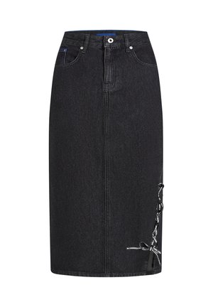 Black denim skirt with a straight cut, featuring a front button closure, side slits with ribbon detailing, and contrast stitching.