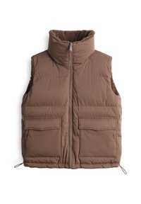 Braune Steppweste mit hohem Kragen, Reißverschluss, zwei aufgesetzten Taschen vorne und einem weichen, strukturierten Innenfutter.