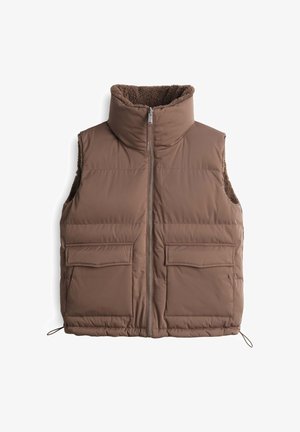 Braune Steppweste mit hohem Kragen, Reißverschluss, zwei aufgesetzten Taschen vorne und einem weichen, strukturierten Innenfutter.