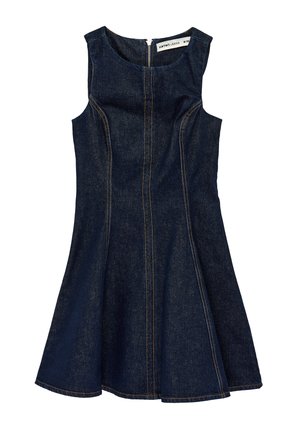 Hihaton tummansininen farkkumekko liehuvalla helmalla, näkyvillä ruskeilla saumoilla ja vetoketjulla takana, koko W38.