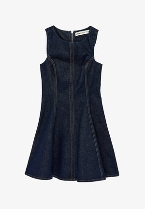 Vestido sin mangas de mezclilla azul oscuro con falda acampanada, costuras visibles en color canela y cierre con cremallera en la parte trasera, talla W38.