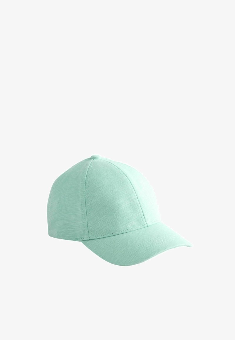 Casquette de baseball vert clair avec une visière incurvée, une calotte structurée et des coutures visibles sur fond blanc.