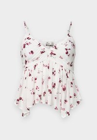 Top senza maniche bianco con piccoli fiori viola e rosa, corpetto arricciato, orlo svasato e spalline regolabili. Tessuto leggero e testurizzato.