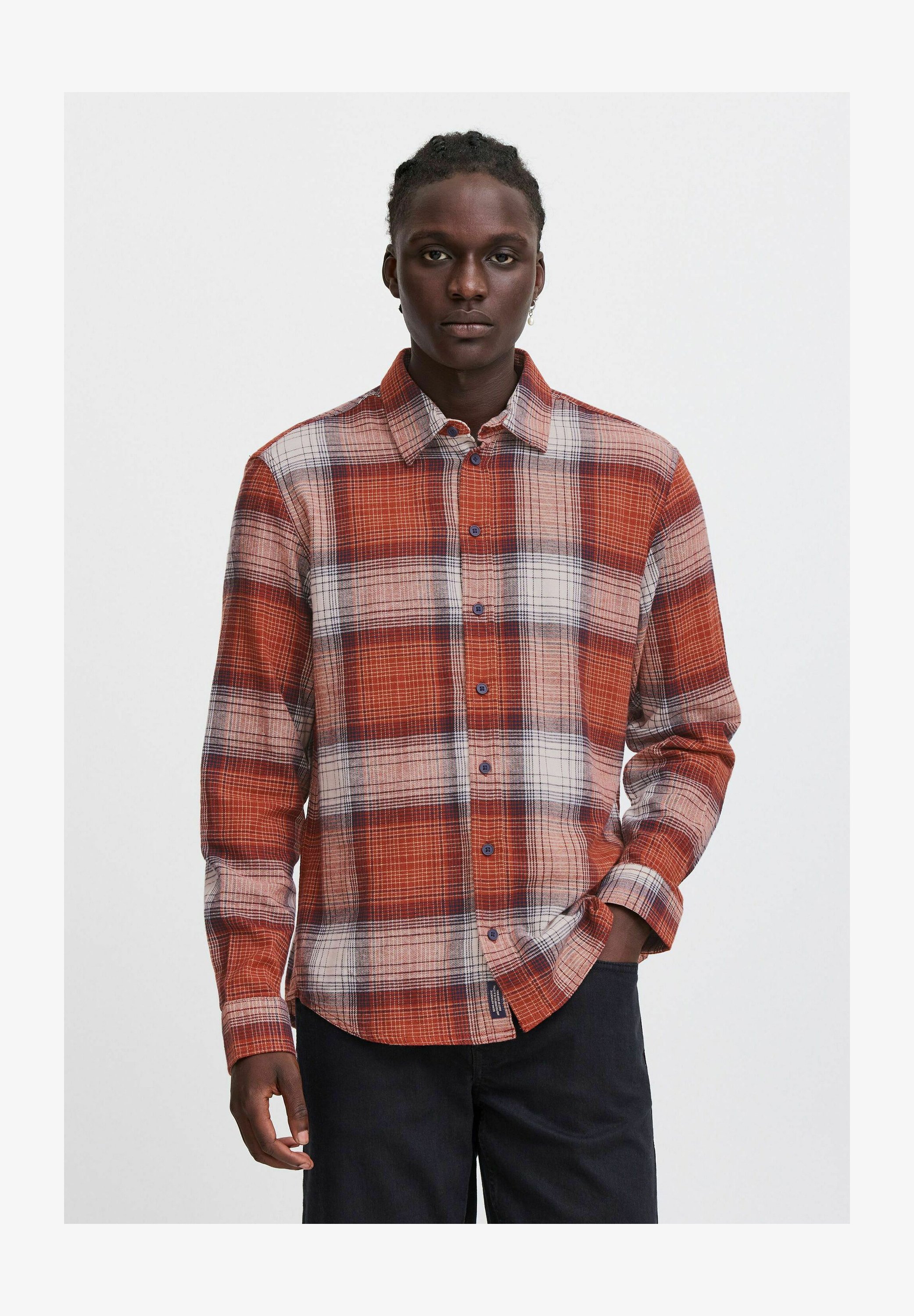 Camicia Uomo In Flanella Spessa Rosso Ruggine - Maniche Lunghe Con Bottoni E Doppie Tasche - Taglia S
