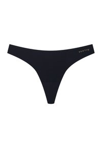 Schwarze Tanga-Unterwäsche aus weichem Stoff mit glatter Textur. Verfügt über ein minimalistisches Design und ein goldenes Logo am Bund.