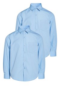 Chemises à manches longues bleu clair en tissu lisse, avec un col boutonné, une patte de boutonnage sur le devant et une poche poitrine.