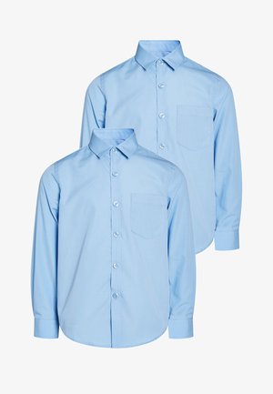 Camicie a manica lunga di colore blu chiaro, realizzate in tessuto liscio, con colletto button-down, patta frontale e taschino sul petto.