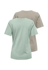 Camisetas de algodón en verde menta y beige, de manga corta, cuello redondo, textura suave, con diseño sencillo, mostradas espalda con espalda.