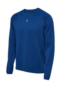 Koszulka sportowa z długim rękawem w jednolitym niebieskim kolorze, wykonana z teksturowanej tkaniny, z okrągłym dekoltem i odblaskowymi akcentami logo na piersi.